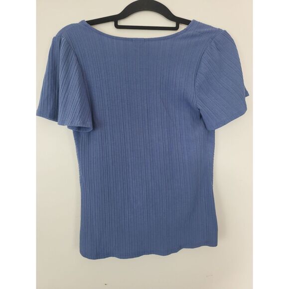 W5 Blouse Medium Womens Short Sleeve Blue V Neck Pullover Gathered Front - Picture 6 of 6